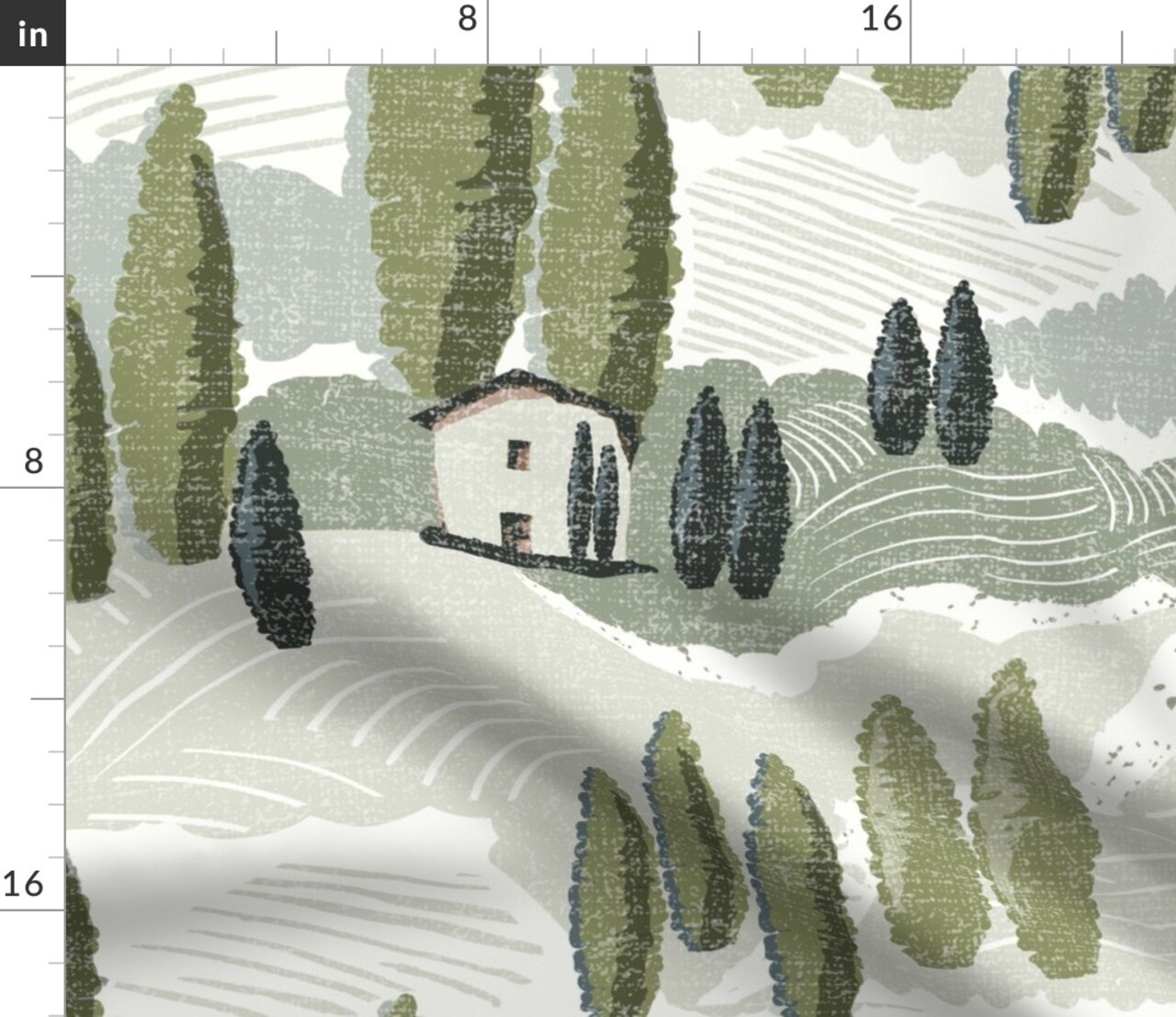 Green Italian Country Trees Landscape House Farm Olives Villa Large Scale Neutral Custom Printed Fabric by Spoonflower Various Fabrics by the Yard or Fat Quarter
